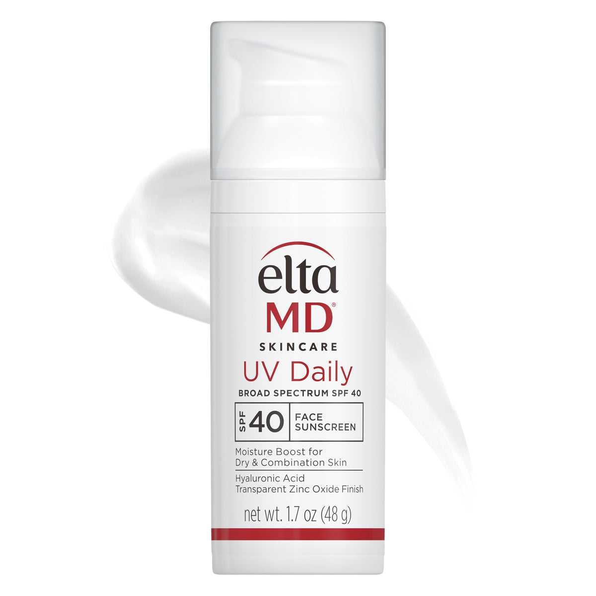 White plastic cylinder bottle red black letters white plastic cap pump elta md daily sunscreen spf 40 Dermal Essentials Medical Grade Skincare