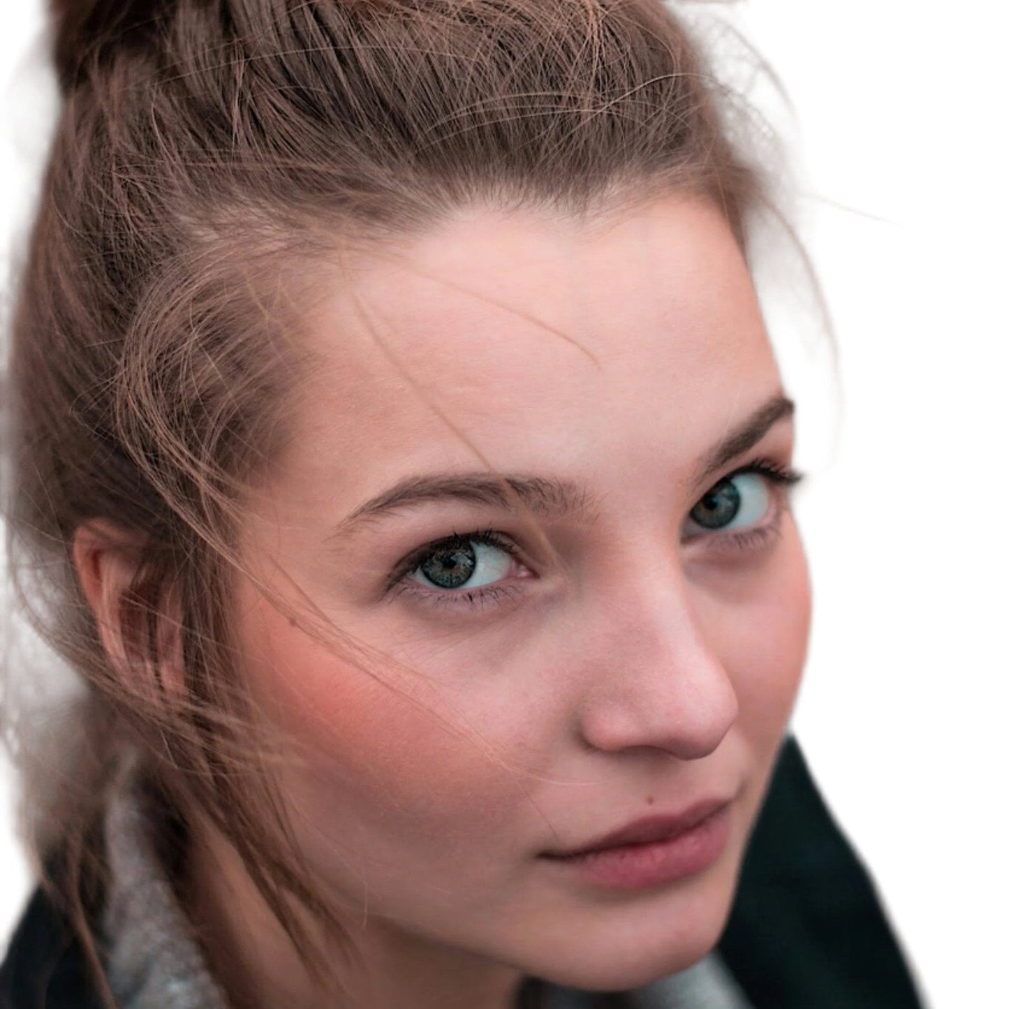 White woman brown hair rosy cheeks.Best cream for rosacea redness relief. Dermal Essentials Medical Grade Skincare.
