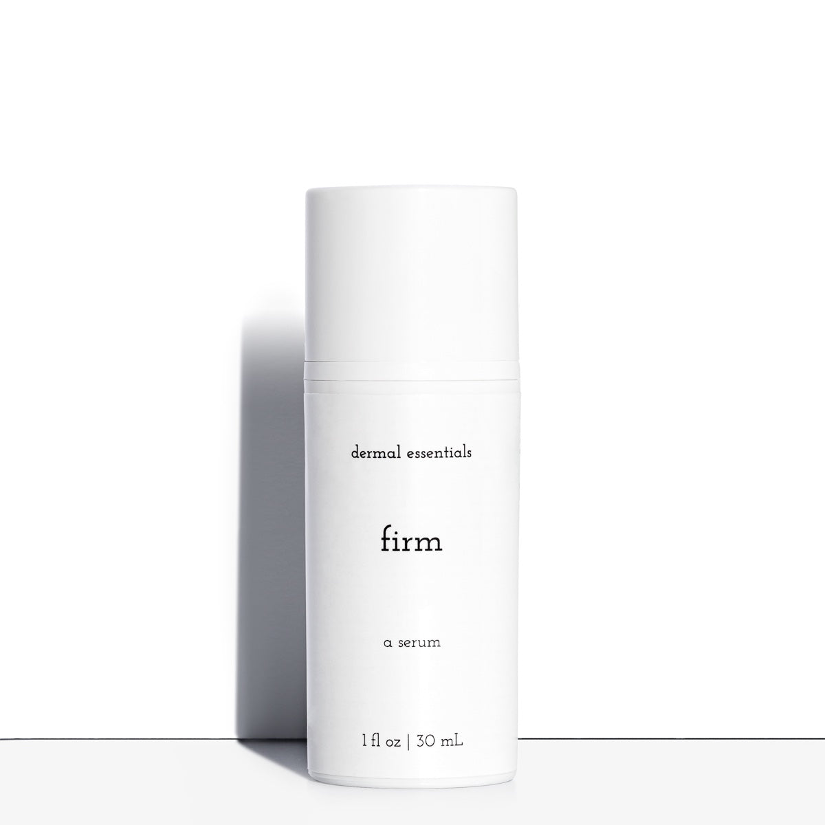 White round plastic bottle white label black letters white plastic pump white plastic cap 1 fl.oz. Firm anti-aging .3% retinol 5% vitamin C facial serum Dermal Essentials Medical Grade Skincare