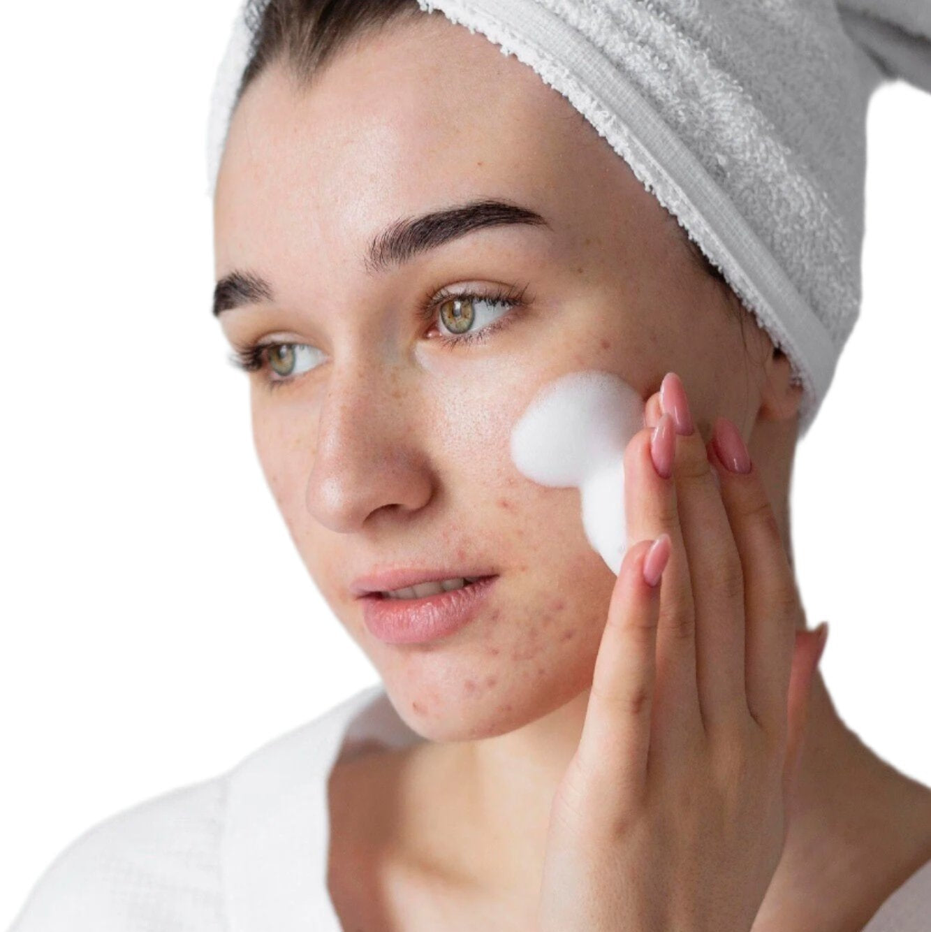 white woman white head towel white hand applying white acne cleanser dermal essentials medical grade skincare
