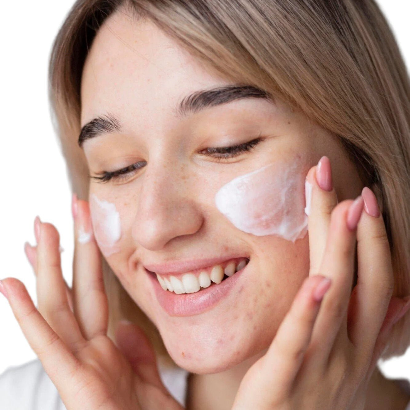 White woman light brown hair applying best oil free moisturizer. Dermal Essentials medical Grade Skincare.