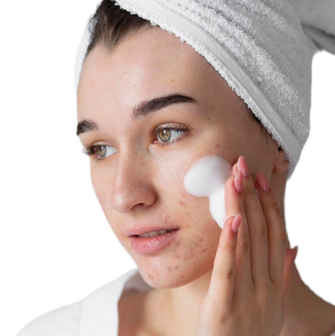 white woman white head towel white hand applying white acne cleanser dermal essentials medical grade skincare