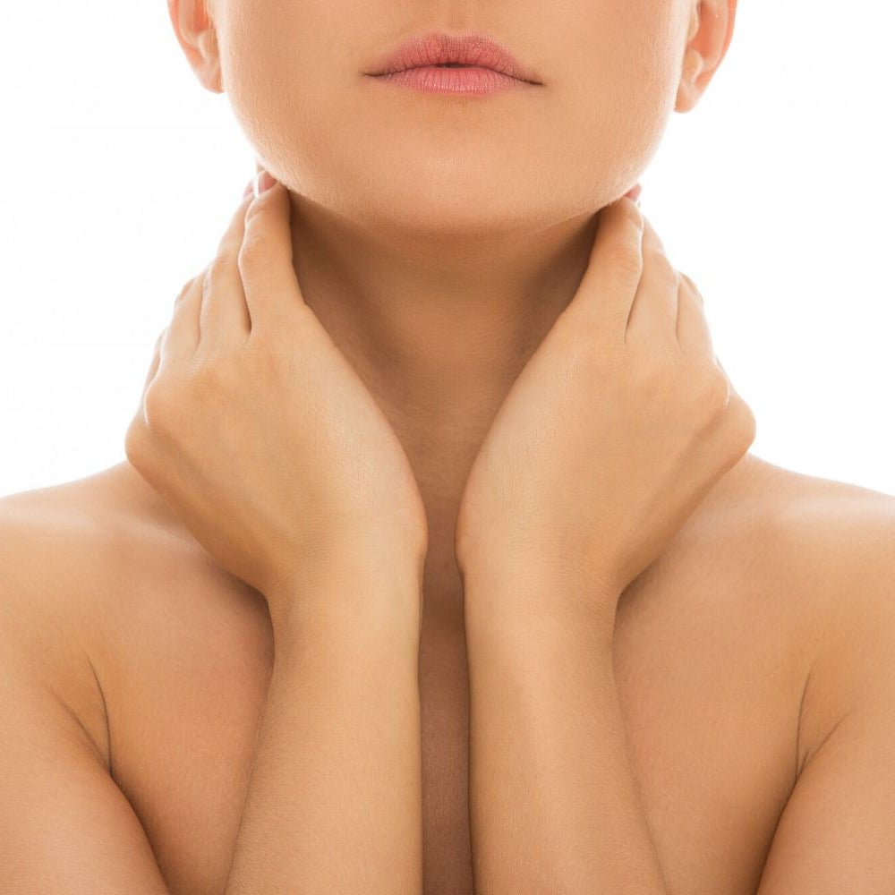 White woman hands on neck.
Best lifting and tightening neck cream. Dermal Essentials Medical Grade Skincare.