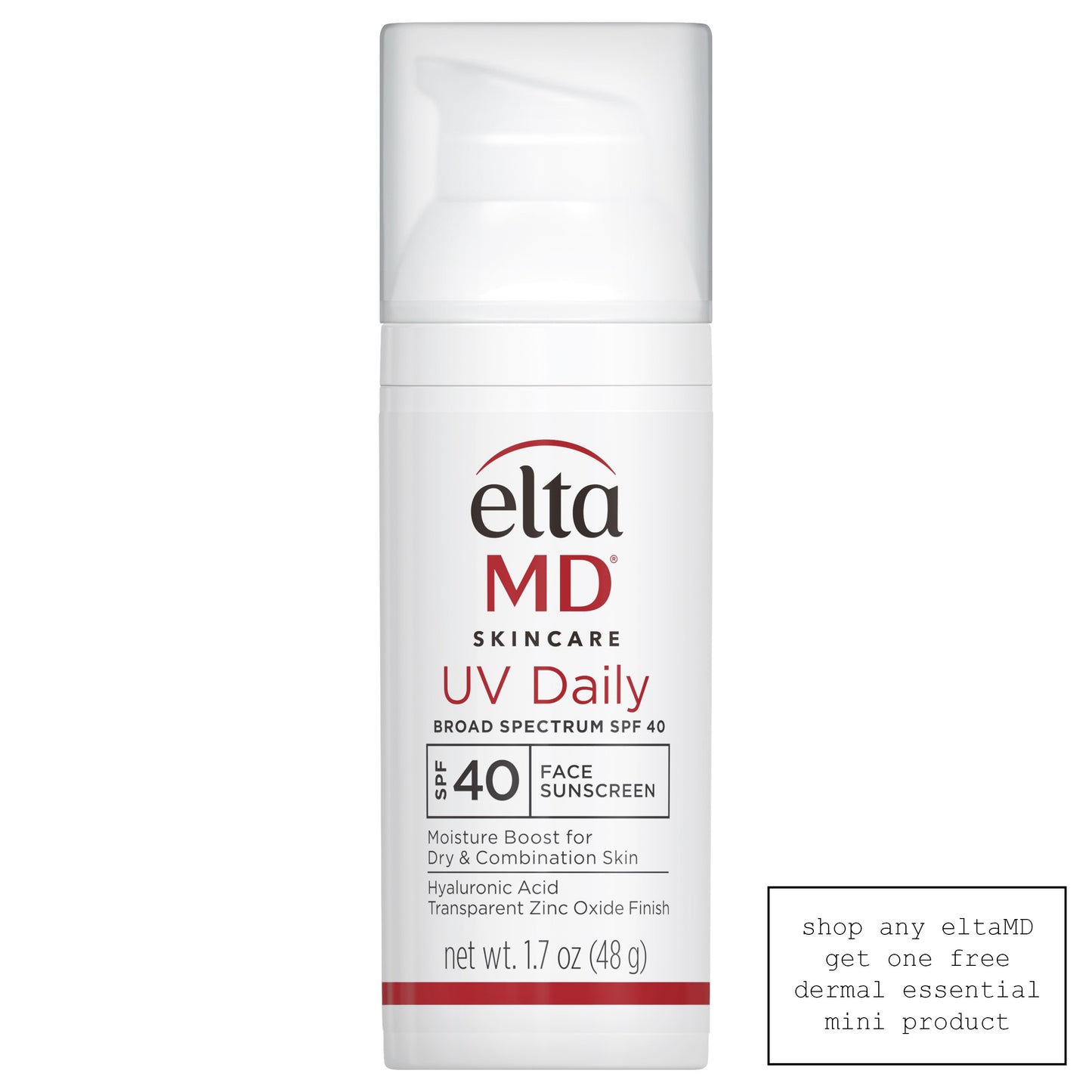 White plastic cylinder bottle red black letters white plastic cap pump elta md daily sunscreen spf 40 Dermal Essentials Medical Grade Skincare