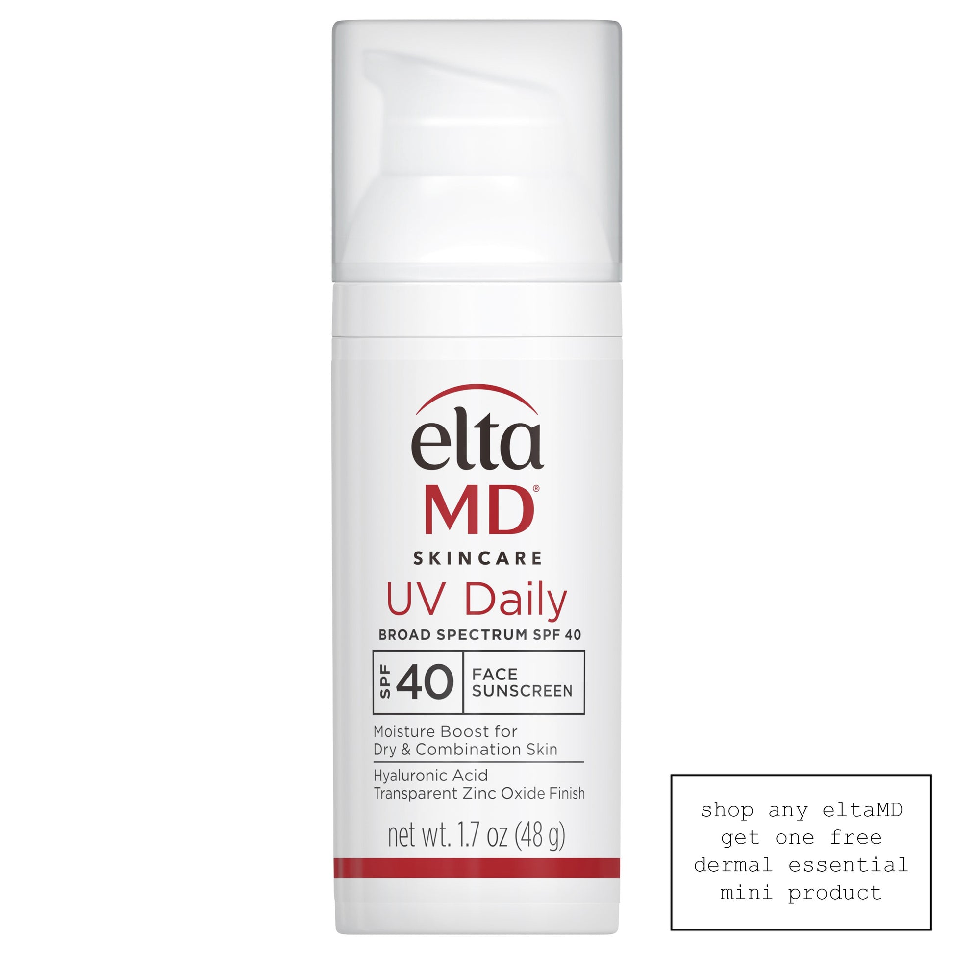 White plastic cylinder bottle red black letters white plastic cap pump elta md daily sunscreen spf 40 Dermal Essentials Medical Grade Skincare