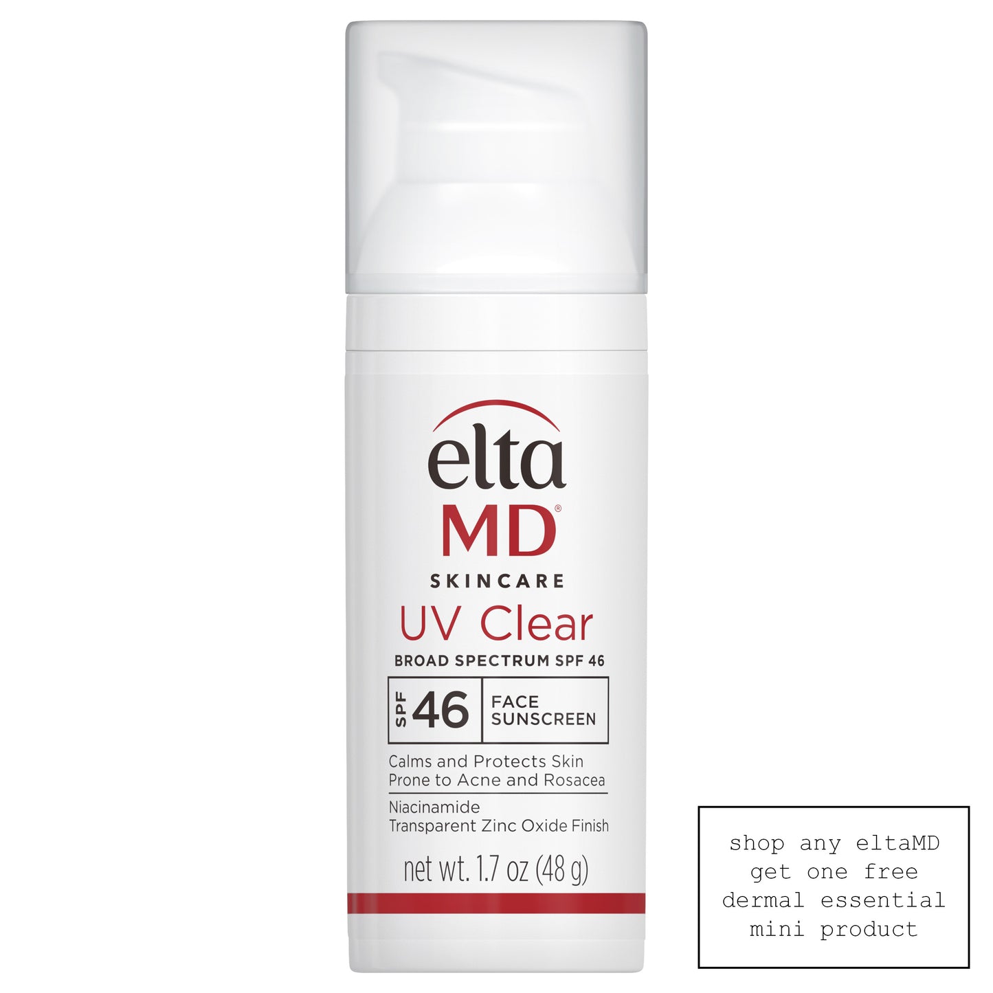 White plastic cylinder bottle opaque white plastic cap pump black red letters 1.7 oz. elta md clear sunscreen spf 46 Dermal Essentials Medical Grade Skincare