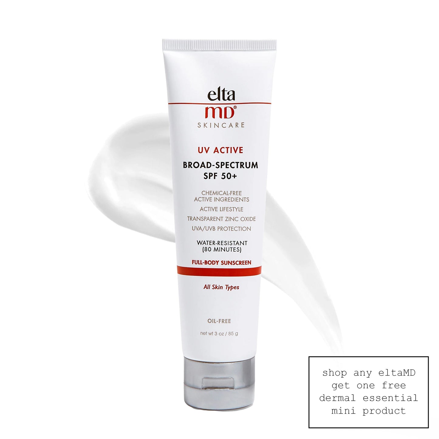 White 3 oz.tube black red letters silver plastic flip cap elta md body sunscreen spf 50 Dermal Essentials Medical Grade Skincare