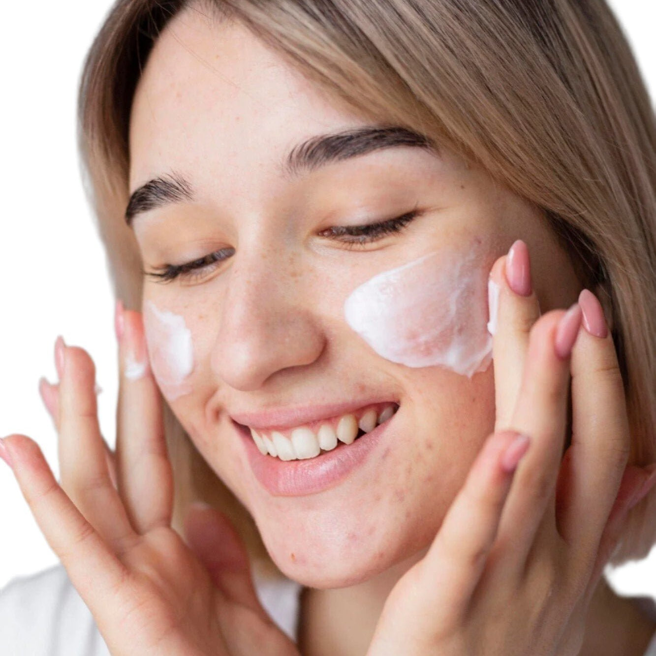 White woman applying oil free moisturizer facial cream dermal essentials medical grade skincare