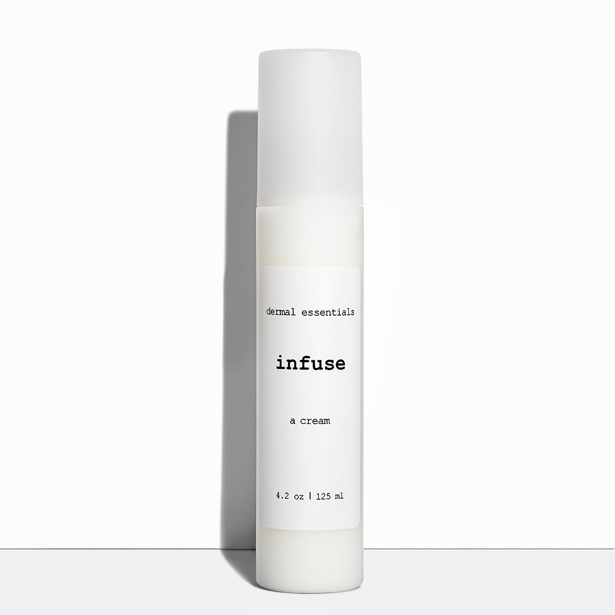 white plastic cylinder bottle white label black letters white plastic pump 4.2 oz. anti-aging peptide Hyaluronic acid facial cream dermal essentials medical grade skincare