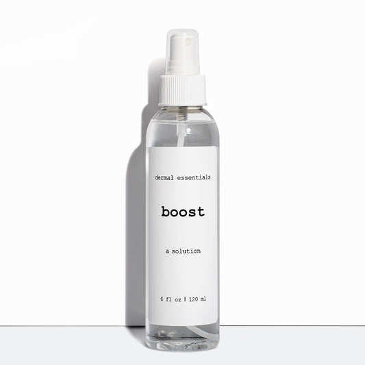 Clear cylinder plastic bottle. Boost calming facial spray Dermal Essentials Medical Grade Skincare