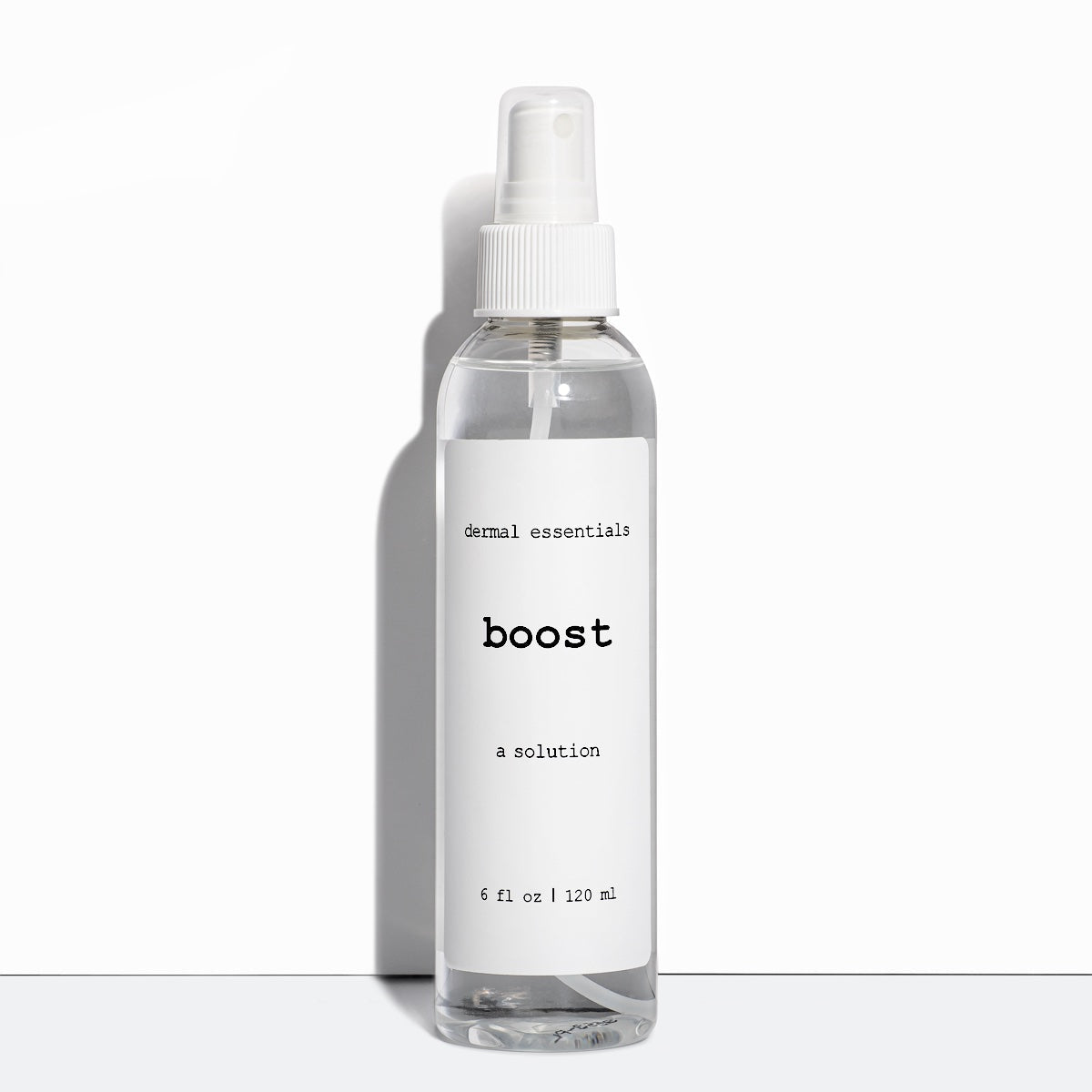 Clear cylinder plastic bottle spray Boost is a calming facial spray Dermal Essentials Medical Grade Skincare