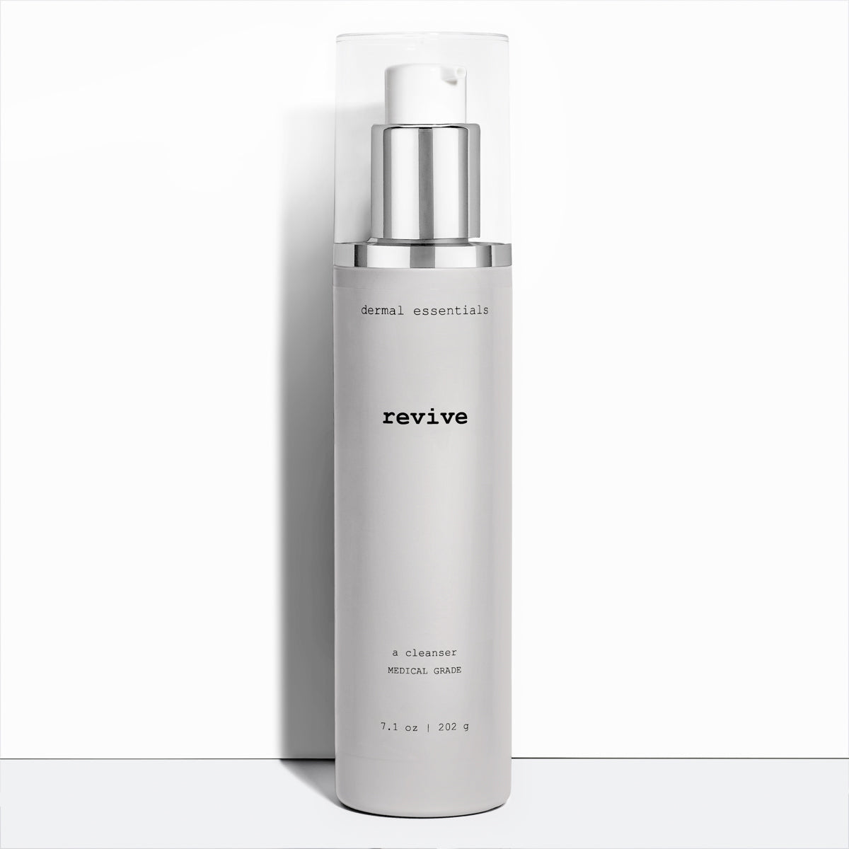 Full size 7.1 oz. Silver plastic cylinder bottle black letters silver white plastic pump clear plastic lid. Best anti-aging gentle peptide facial cleanser. Dermal Essentials Medical Grade Skincare. A mini size is 5 ml of this best anti-aging peptide gentle facial cleanser skincare product is in a white plastic pump bottle with black letters and clear lid.