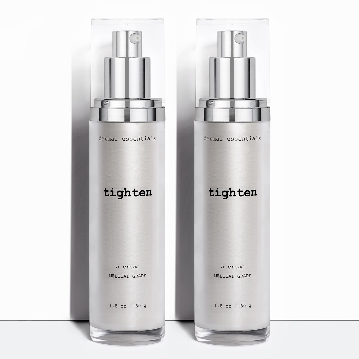Two Silver cylinder plastic bottles black letters silver plastic pump clear plastic cap 1.8 oz. Best anti-aging lifting neck cream. Dermal Essentials Medical Grade Skincare.