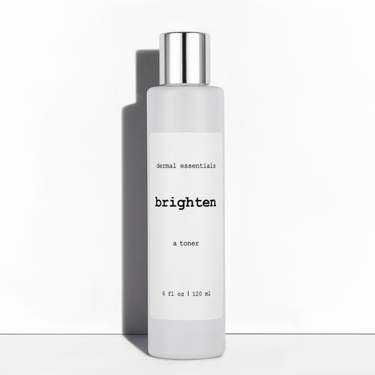 Brighten exfoliating, brightening facial toner bottle. Dermal Essentials Skincare Medical Grade Skincare