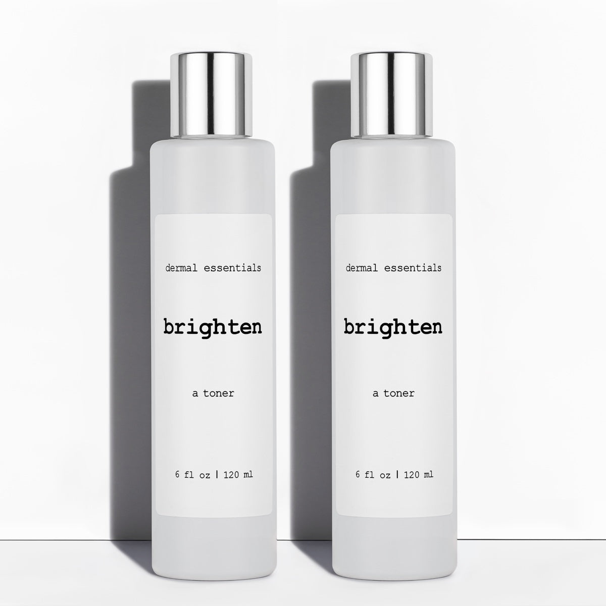 Two bottles of Brighten exfoliating, brightening facial toner. Dermal Essentials Skincare Medical Grade Skincare