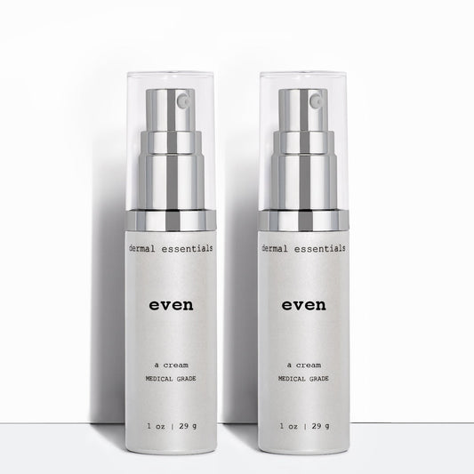 Two Silver cylinder plastic bottles black letters silver plastic pump clear plastic lid 1.1 fl.oz. each. Even brightening, azelaic acid, hyperpigmentation facial cream.Dermal Essentials Medical Grade Skincare