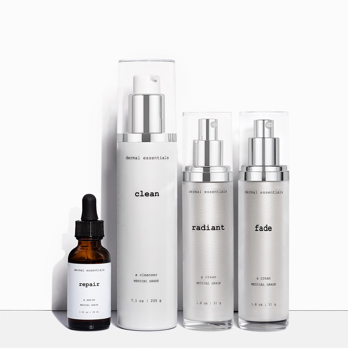 4 images. 3 grey plastic pump bottles clear plastic caps. one amber glass bottle white label black letters. plump anti-aging serum 1 oz. clean salicylic acid facial cleanser  7.1 oz. radiant vitamin c facial cream 1.8 oz. fade hyperpigmentation facial cream 1.8 oz. dermal essentials medical grade skincare