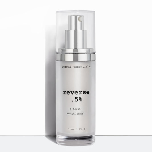 Silver cylinder plastic bottle black letters silver plastic pump clear plastic cap 1 oz. Best anti-aging .5% retinol vitamin c facial serum. Dermal Essentials Medical Grade Skincare.