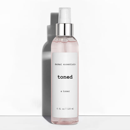 Clear cylinder plastic bottle white label black letters white spray nozzle clear plastic lid 6 fl. oz. Toned anti-aging facial toner. Dermal Essentials Medical Grade Skincare