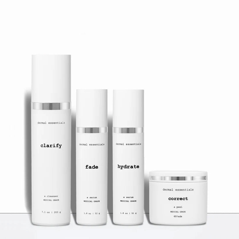 Set of skincare products for acne with labels on a white background