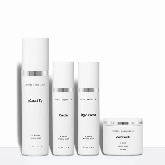 Set of skincare products for acne with labels on a white background
