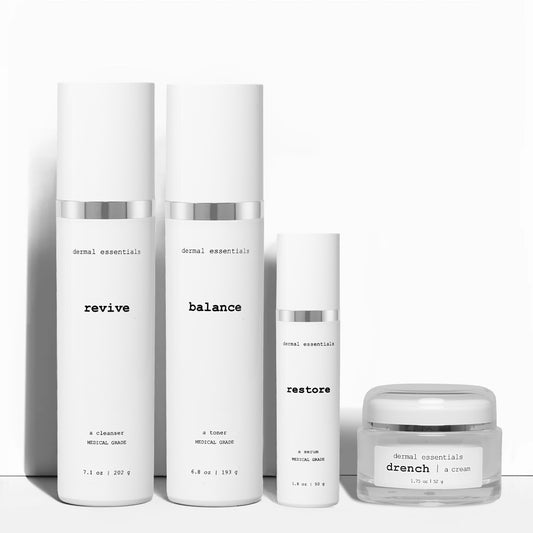 Set of skincare products with labels on a white background