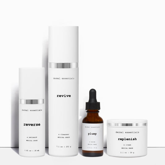 Set of skincare products from Dermal Essentials on a white background