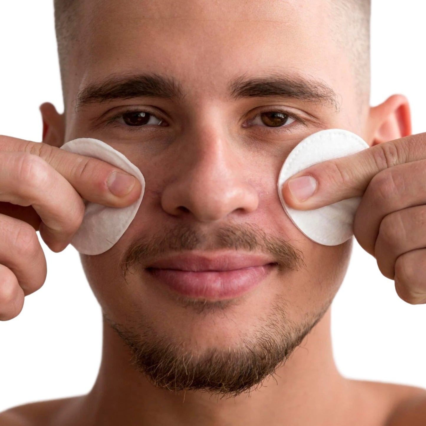 white man brown beard two white circular facial pads dermal essentials medical grade skincare