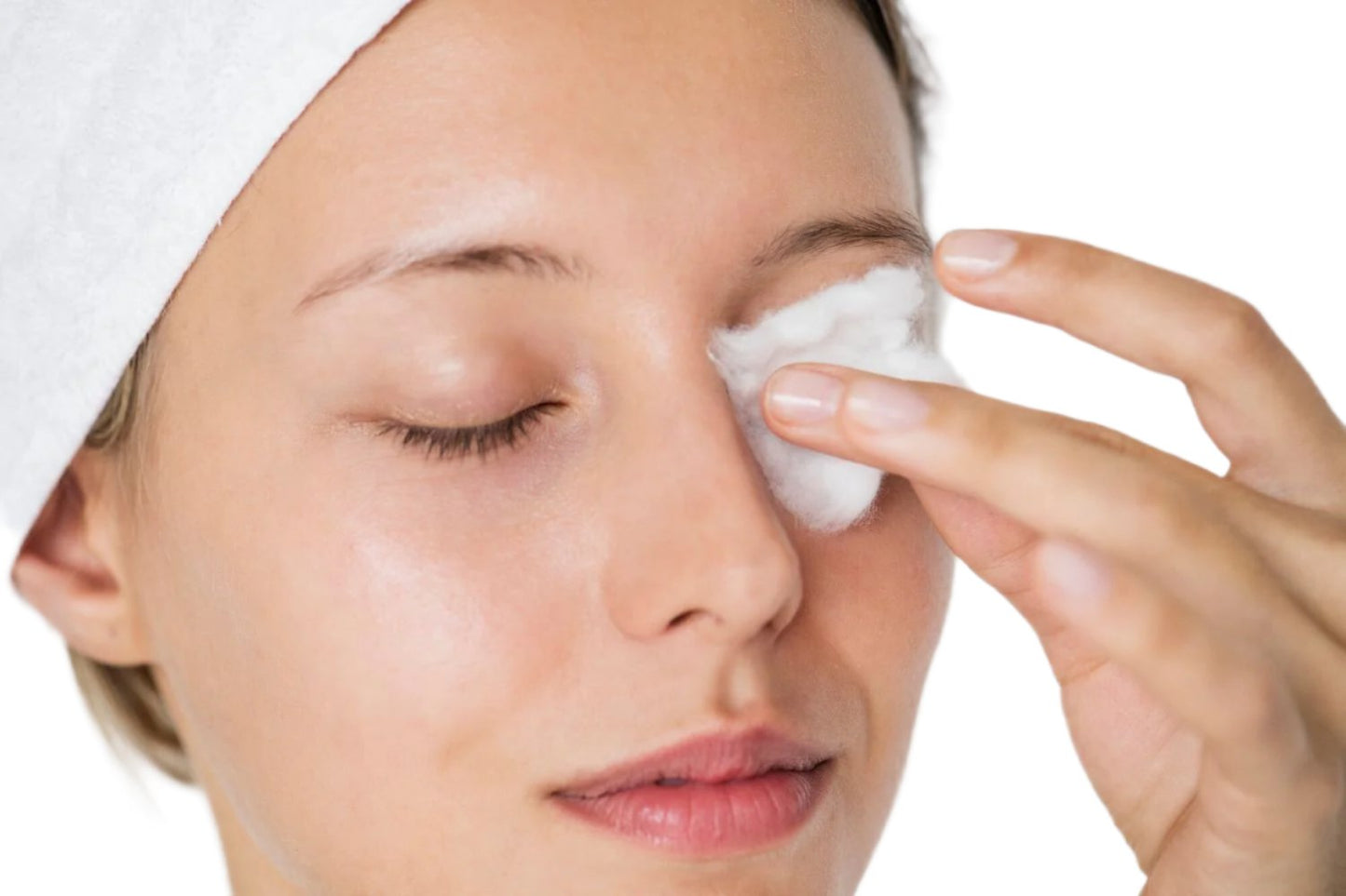 white young woman white head towel white cotton ball eye makeup remover dermal essentials medical grade skincare