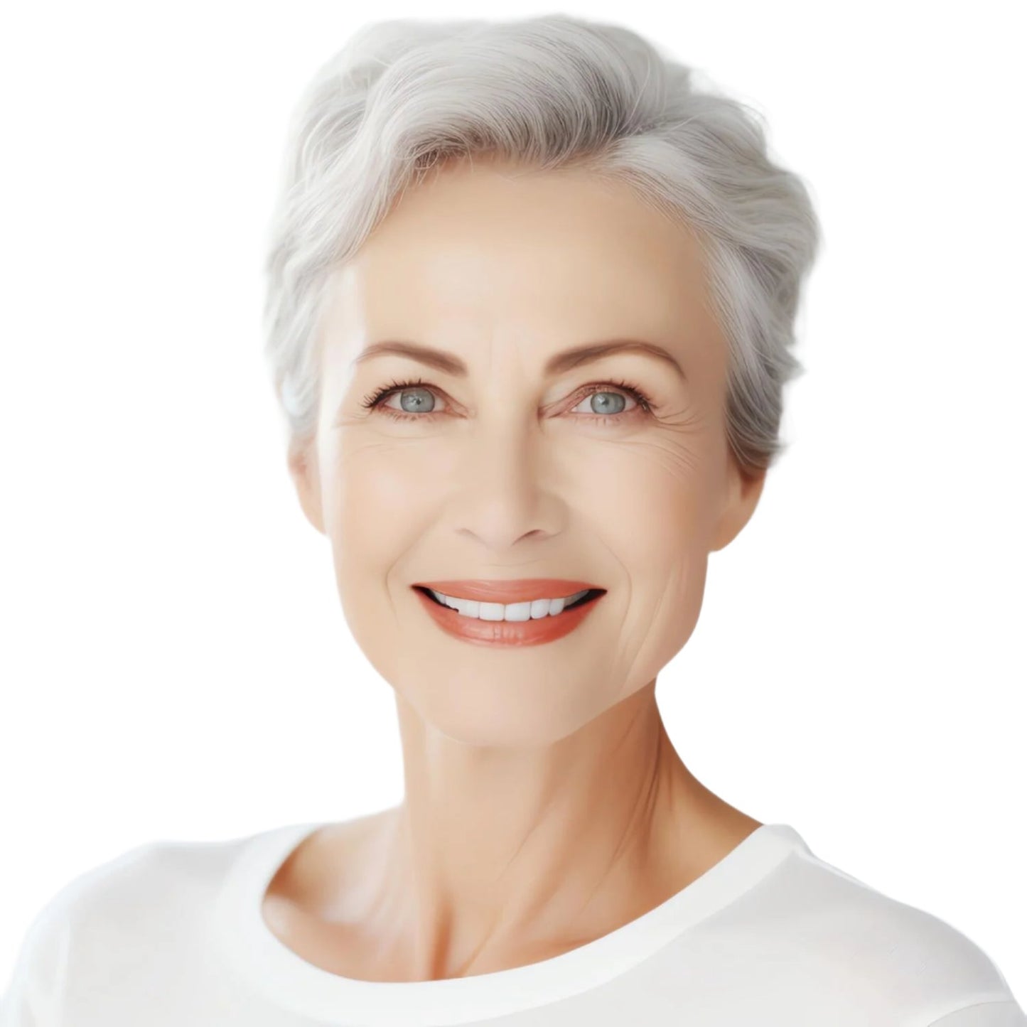 White woman grey hair blue eyes.
Best retinol with vitamin C serum for face. Dermal Essentials Medical Grade Skincare.