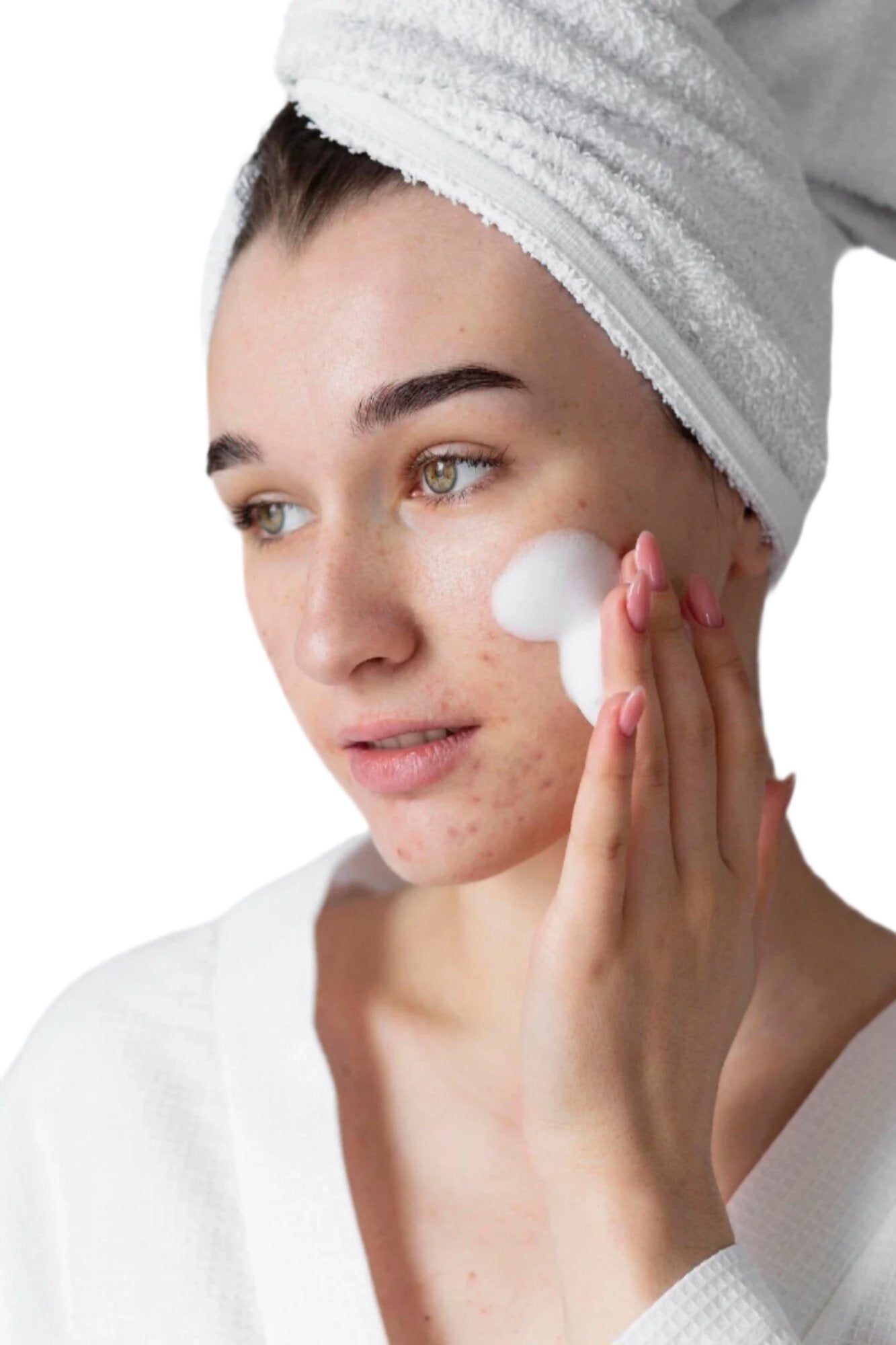 white woman white head towel white hand applying white acne cleanser dermal essentials medical grade skincare