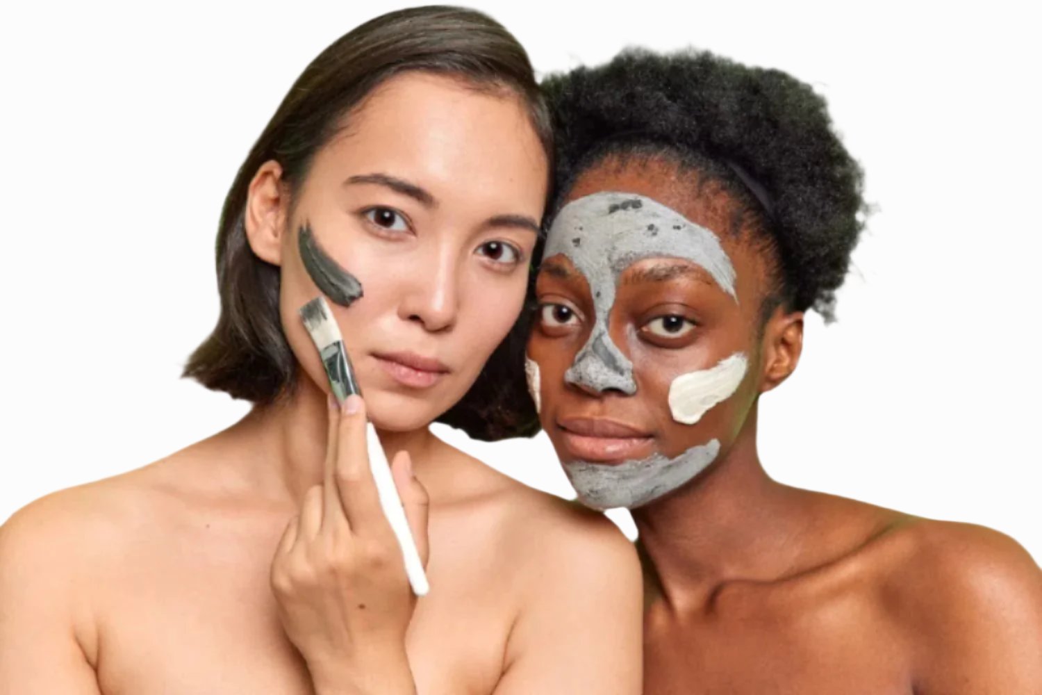 asian woman black woman applying sulphur  acne  facial mask with white brush dermal essentials clinical skincare