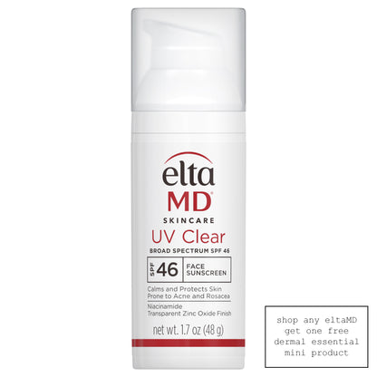 White plastic cylinder bottle opaque white plastic cap pump black red letters 1.7 oz. elta md clear sunscreen spf 46 Dermal Essentials Medical Grade Skincare