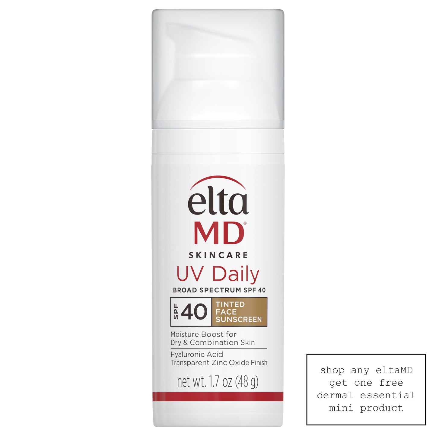 White plastic cylinder bottle red black letters white plastic cap pump elta md daily sunscreen spf 40 Dermal Essentials Medical Grade Skincare