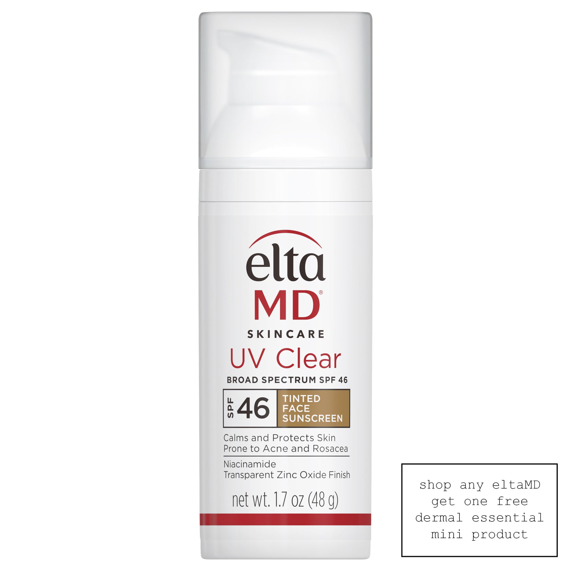 White plastic cylinder black red letters white opaque cap pump elta md clear sunscreen spf 46 tinted Dermal Essentials Medical Grade Skincare