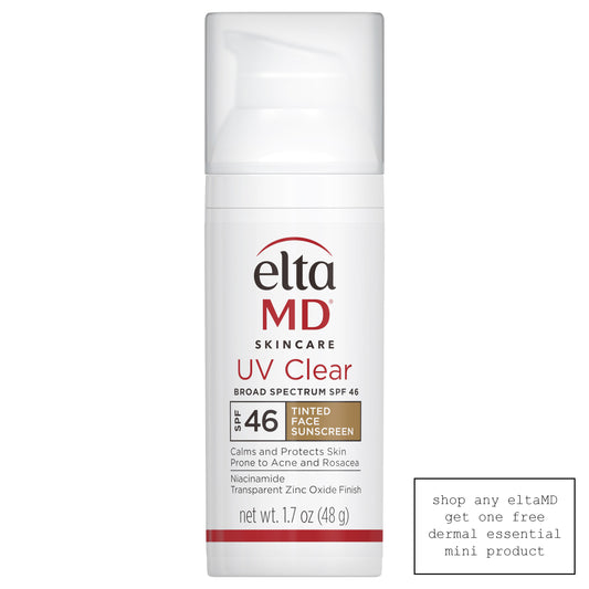 White plastic cylinder black red letters white opaque cap pump elta md clear sunscreen spf 46 tinted Dermal Essentials Medical Grade Skincare