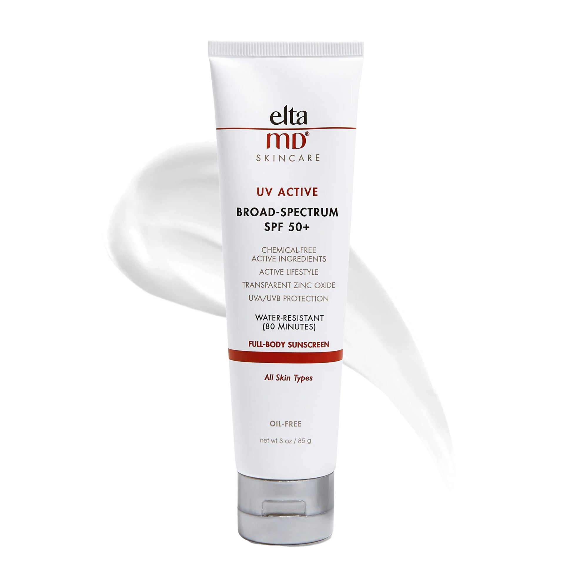 White 3 oz.tube black red letters silver plastic flip cap elta md body sunscreen spf 50 Dermal Essentials Medical Grade Skincare