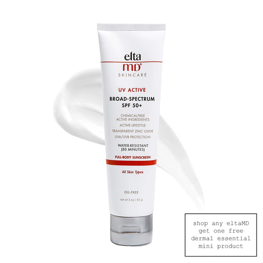 White 3 oz.tube black red letters silver plastic flip cap elta md body sunscreen spf 50 Dermal Essentials Medical Grade Skincare