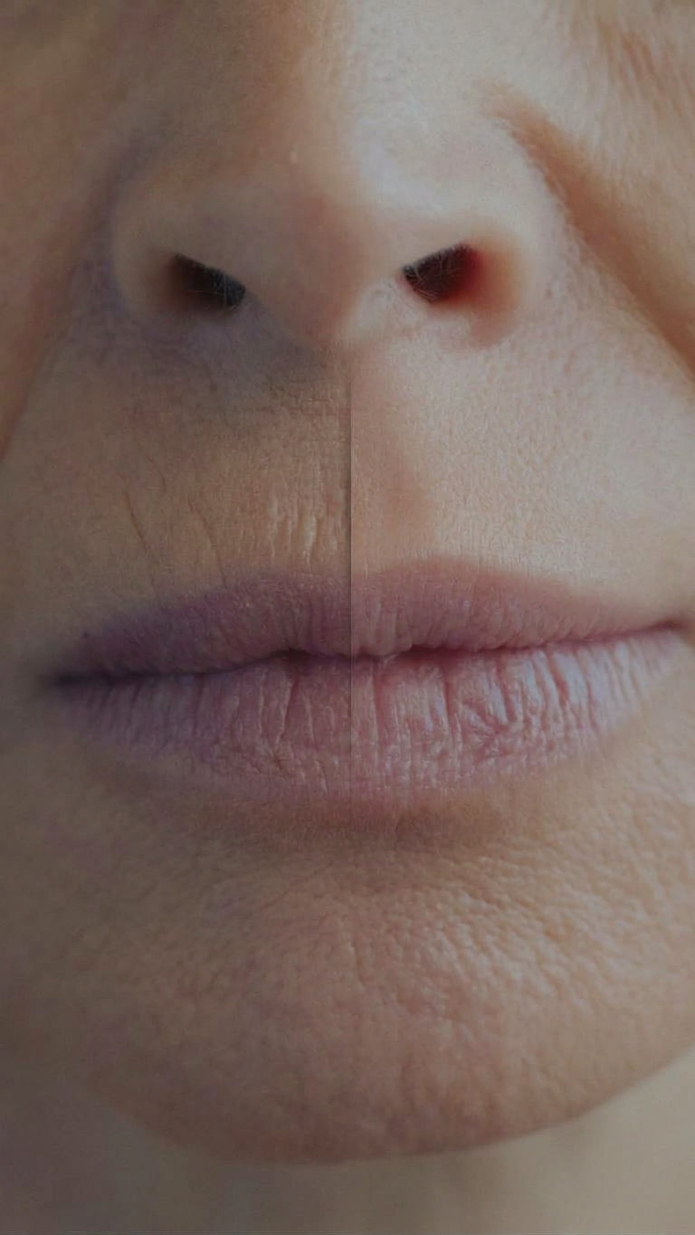 A close-up split comparison photo of a person's lower face, focusing on the lips and upper lip area. A subtle vertical line down the center divides the image into two sides. The left side displays natural fine vertical lines and wrinkles on the upper lip area, while the right side shows a smooth, wrinkle-free upper lip, demonstrating a before-and-after treatment effect.
