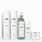 Set of skincare products labeled 'clean', 'balance', 'calm', 'even', and 'relief' on a white background.