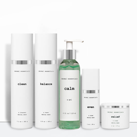 Set of skincare products labeled 'clean', 'balance', 'calm', 'even', and 'relief' on a white background.
