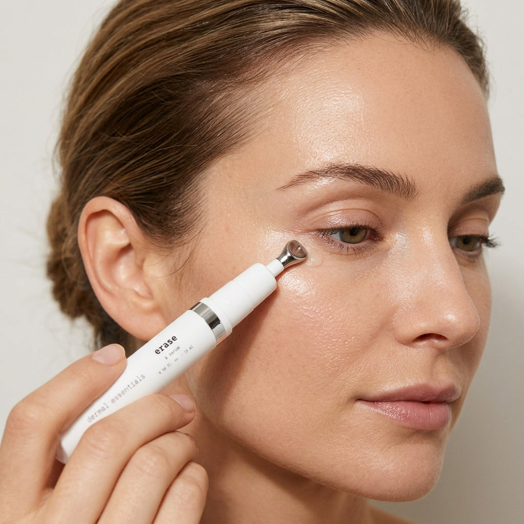 A high-resolution, close-up photograph capturing a woman of medium-light complexion with brown eyes and pulled-back hair, gently applying a white "Dermal Essentials - erase" eye serum pen with a silver applicator tip to the skin below her right eye. The white pen is held prominently in the foreground, showing legible black text. Her skin is moisturized and has a subtle, dewy sheen under warm, diffused light against a simple, light-colored backdrop.