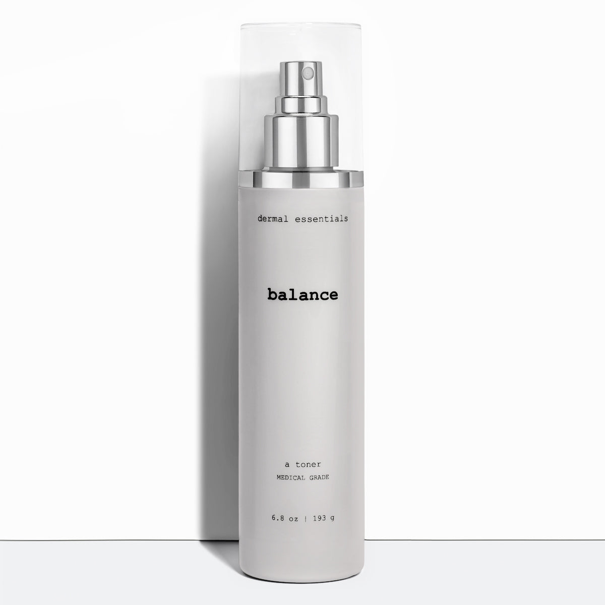 Full size 6.8 oz. Silver cylinder plastic bottle silver pump spray clear plastic cap. Balance is a gentle hydrating peptide facial toner Dermal Essentials Medical Grade Skincare . A mini size is 5 ml of this  facial toner skincare product  in a white plastic pump bottle with black letters and clear lid.
