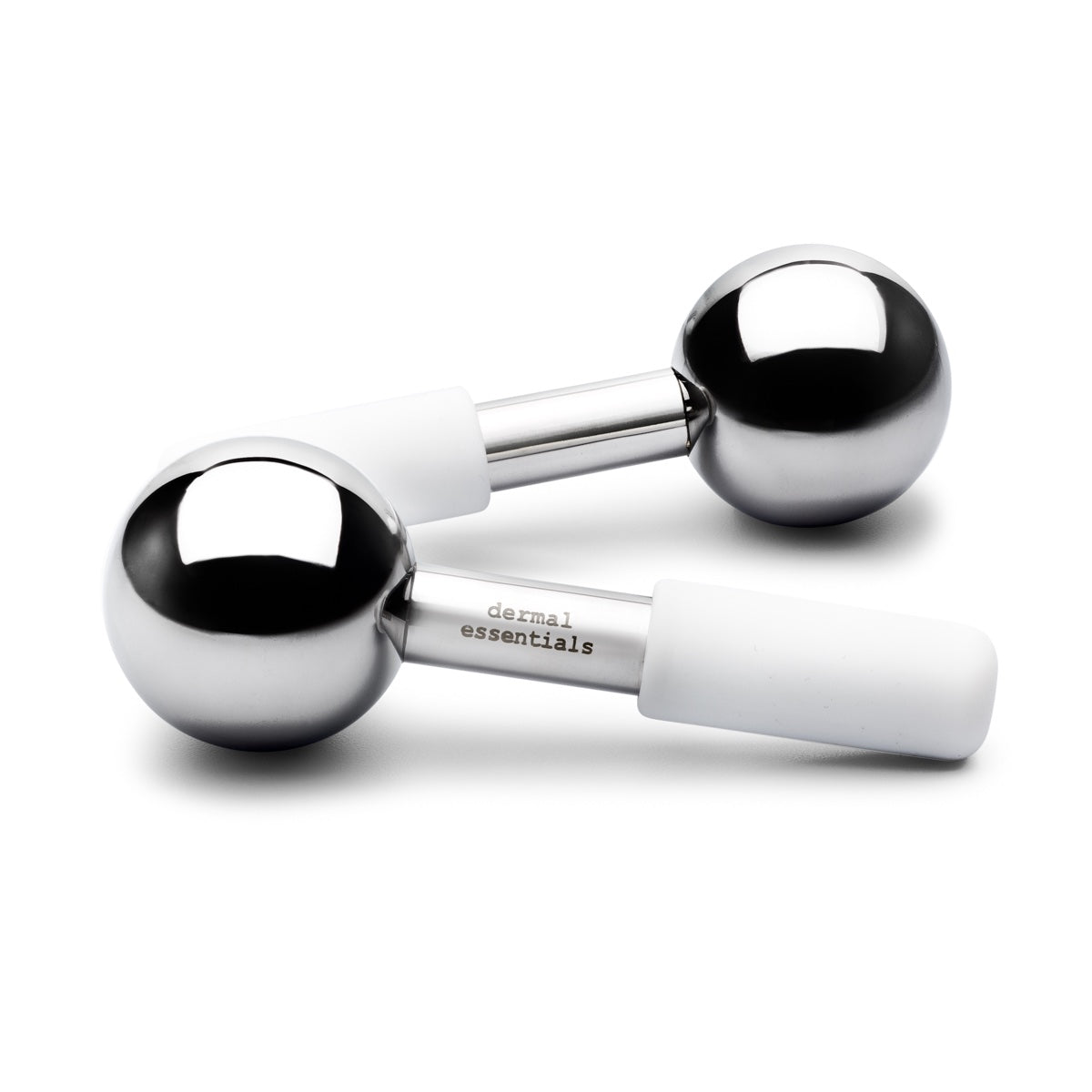 Two stainless steel ice beauty globes white foam handles calming skincare tool Dermal Essentials Medical Grade Skincare