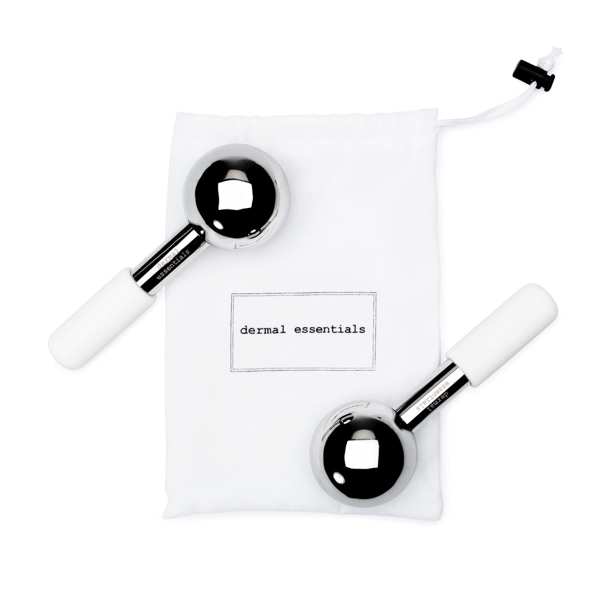 Two stainless steel ice beauty globes white foam handles white cloth draw string bag with black letters Dermal Essentials Medical Grade Skincare
