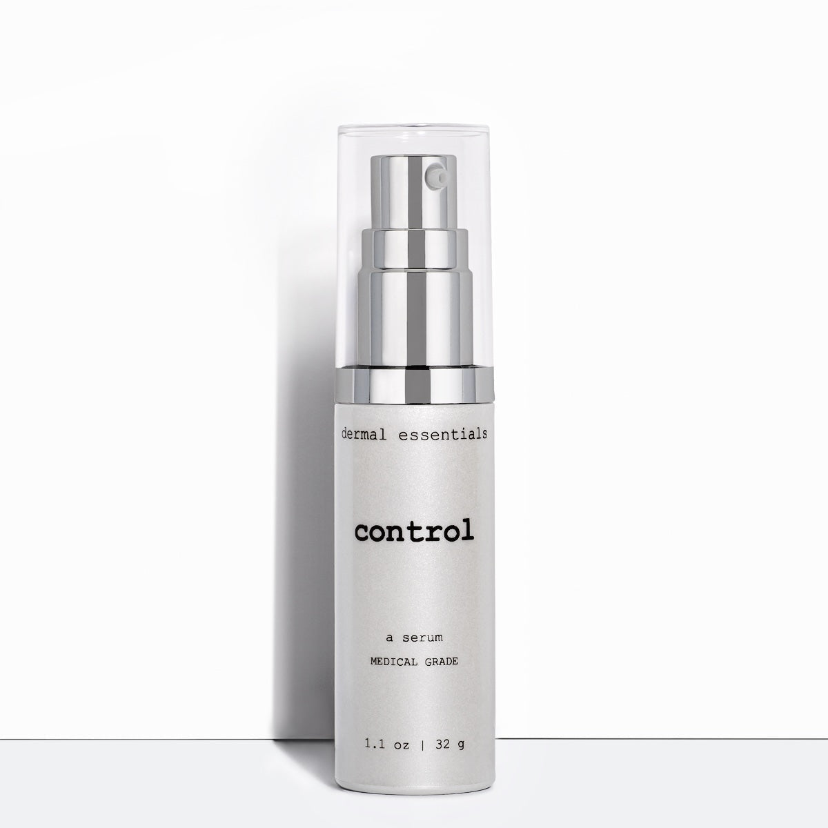 Full size 1.1 oz. Silver cylinder plastic bottle black letters silver plastic pump clear plastic lid. Control is an acne glycolic acid benzoyl peroxide skincare serum. Dermal Essentials Medical Grade Skincare. A mini size is 5 ml of this acne serum facial skincare product in a white plastic pump bottle with black letters and a clear plastic lid. 