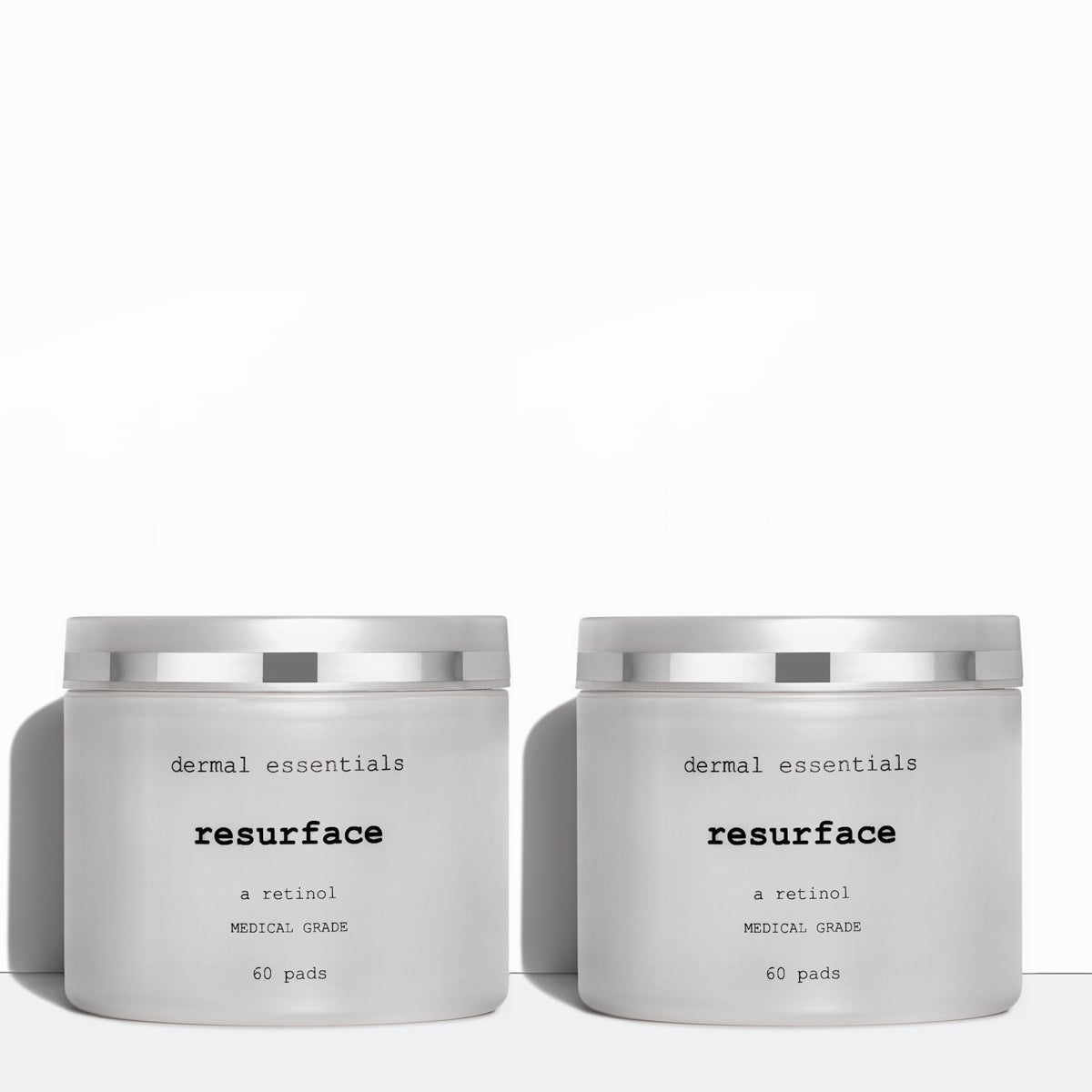 Two Silver round plastic jars black letters silver round plastic twist lid 60 retinol pads. Best  anti-aging retinol facials pads. Dermal Essentials Medical Grade Skincare. 