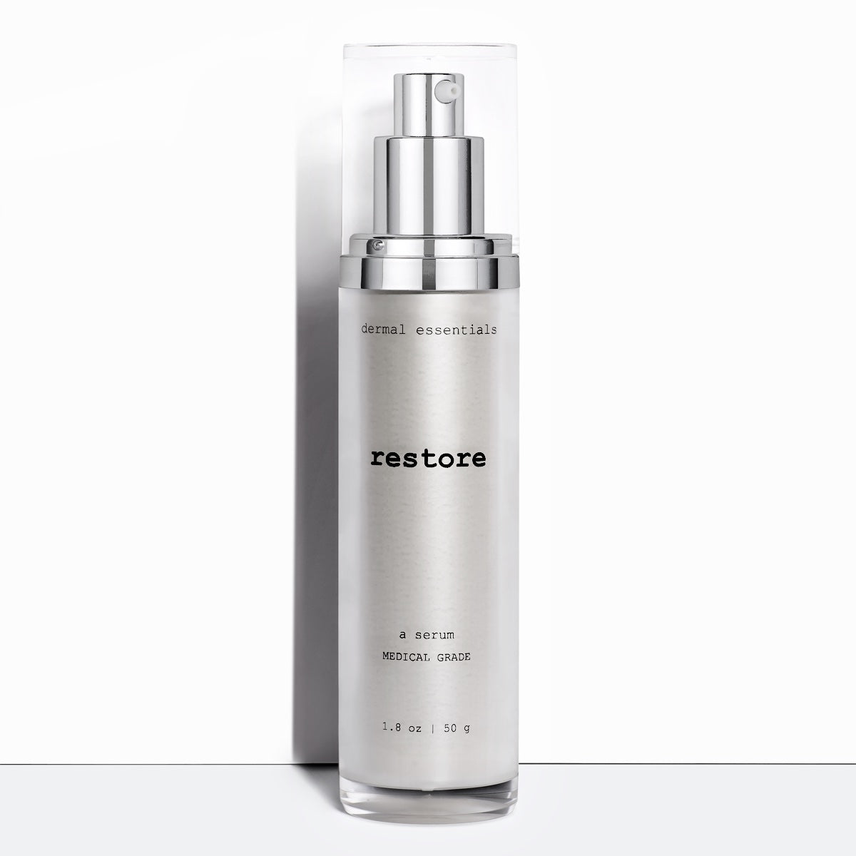 Silver cylinder plastic bottle black letters silver plastic pump clear plastic cap 1. 8 oz. Best anti-aging serum for the face. Dermal Essentials Medical Grade Skincare.