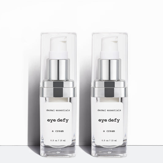 Two Clear plastic cylinder bottles white label black letters white pump clear lid 0.5 oz.eye defy anti-aging peptide lifting eye cream moisturizer Dermal Essentials Medical Grade Skincare  