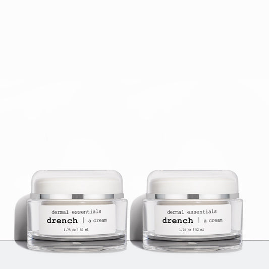 Two clear round plastic jars white label black letters white twist plastic lid 1.75 oz. Drench peptide ceramide antioxidant facial moisturizer Dermal Essentials Medical Skincare  